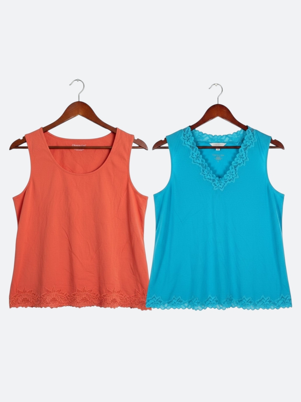 Coldwater Creek 2pc Lace Trim Tanks XL Teal/Coral Cotton Coastal Basics Romantic